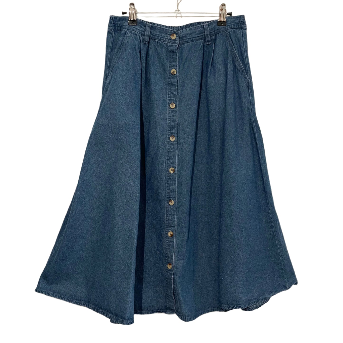 Denim Skirt Mid Length Denim Moves Flared Blue Button Size 10 Vintage