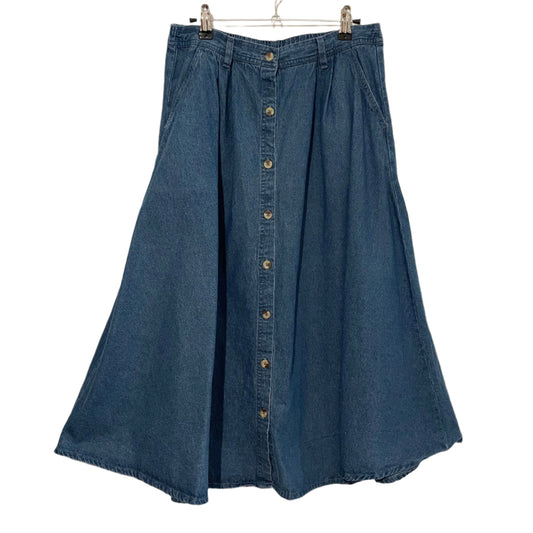 Denim Skirt Mid Length Denim Moves Flared Blue Button Size 10 Vintage