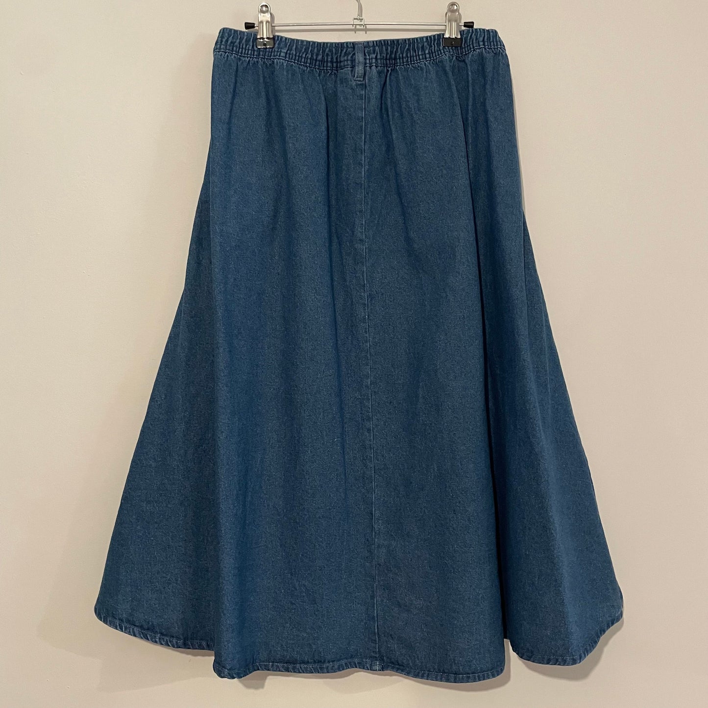 Denim Skirt Mid Length Denim Moves Flared Blue Button Size 10 Vintage