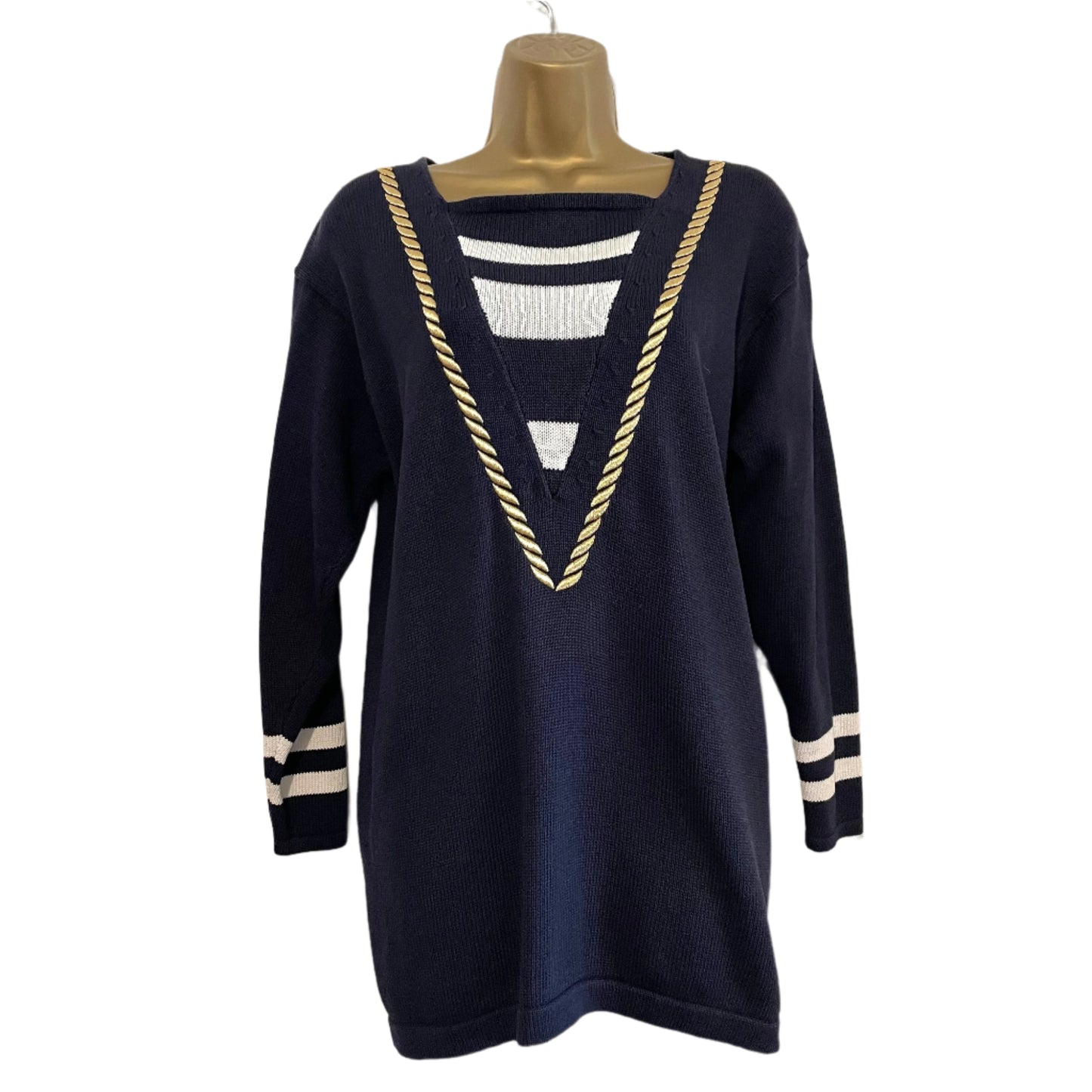 Jumper Vintage Navy Blue Sailor Novelty Striped Knitted  Fisherman Knitwear