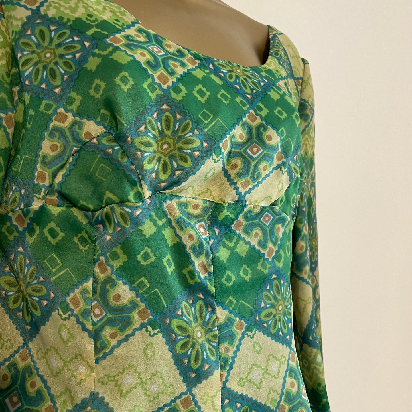 Vintage Green Short Low Back Dress 60s Handmade Tile Patterned