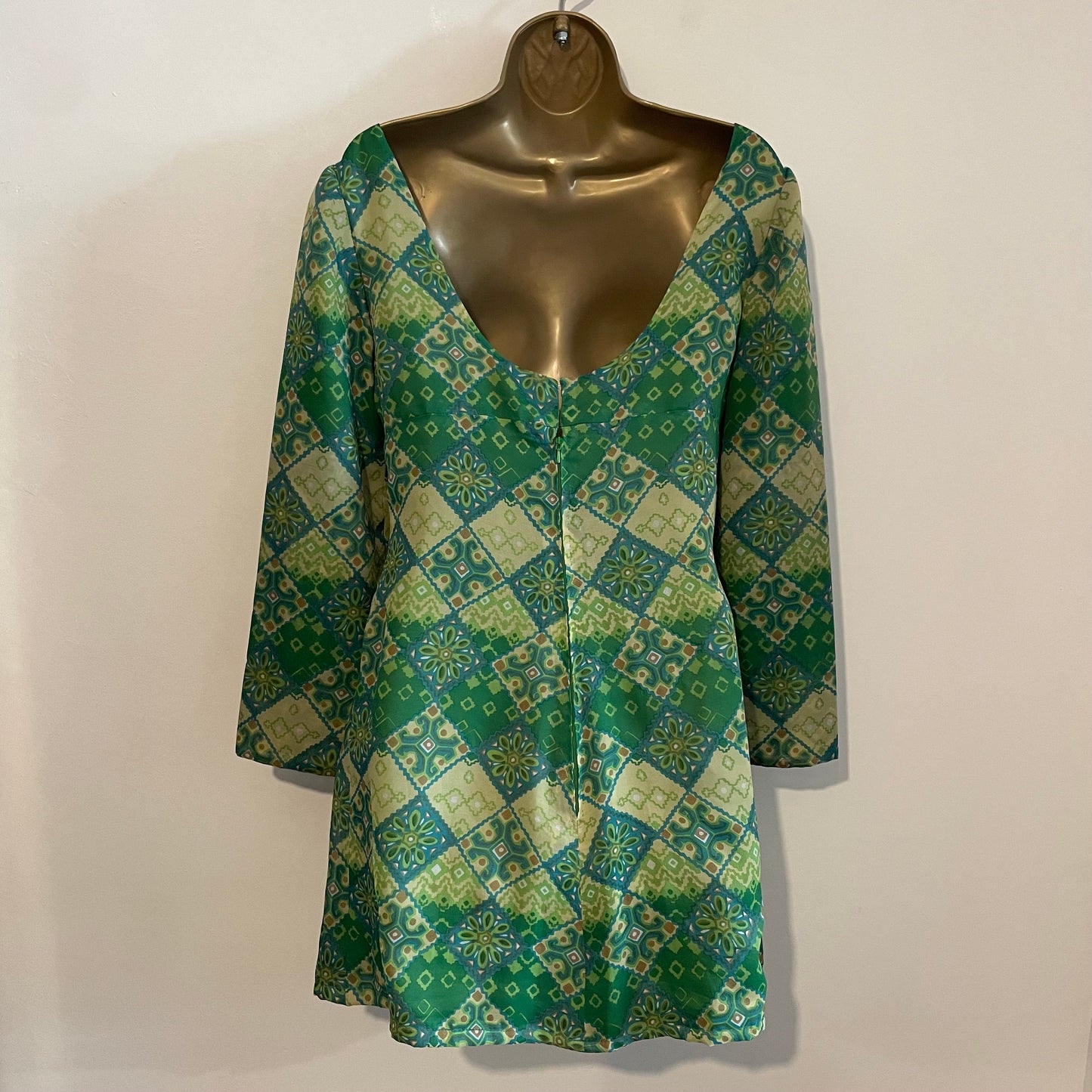 Vintage Green Short Low Back Dress 60s Handmade Tile Patterned