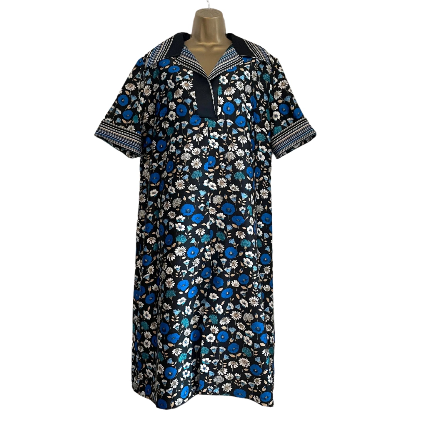 Dress Vintage Magna Blue Floral Stripe Geometric Shirt Dress