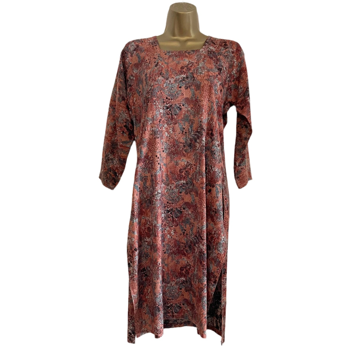 Vintage Short Floral Dress in Pink, Red and Black with Split Hem