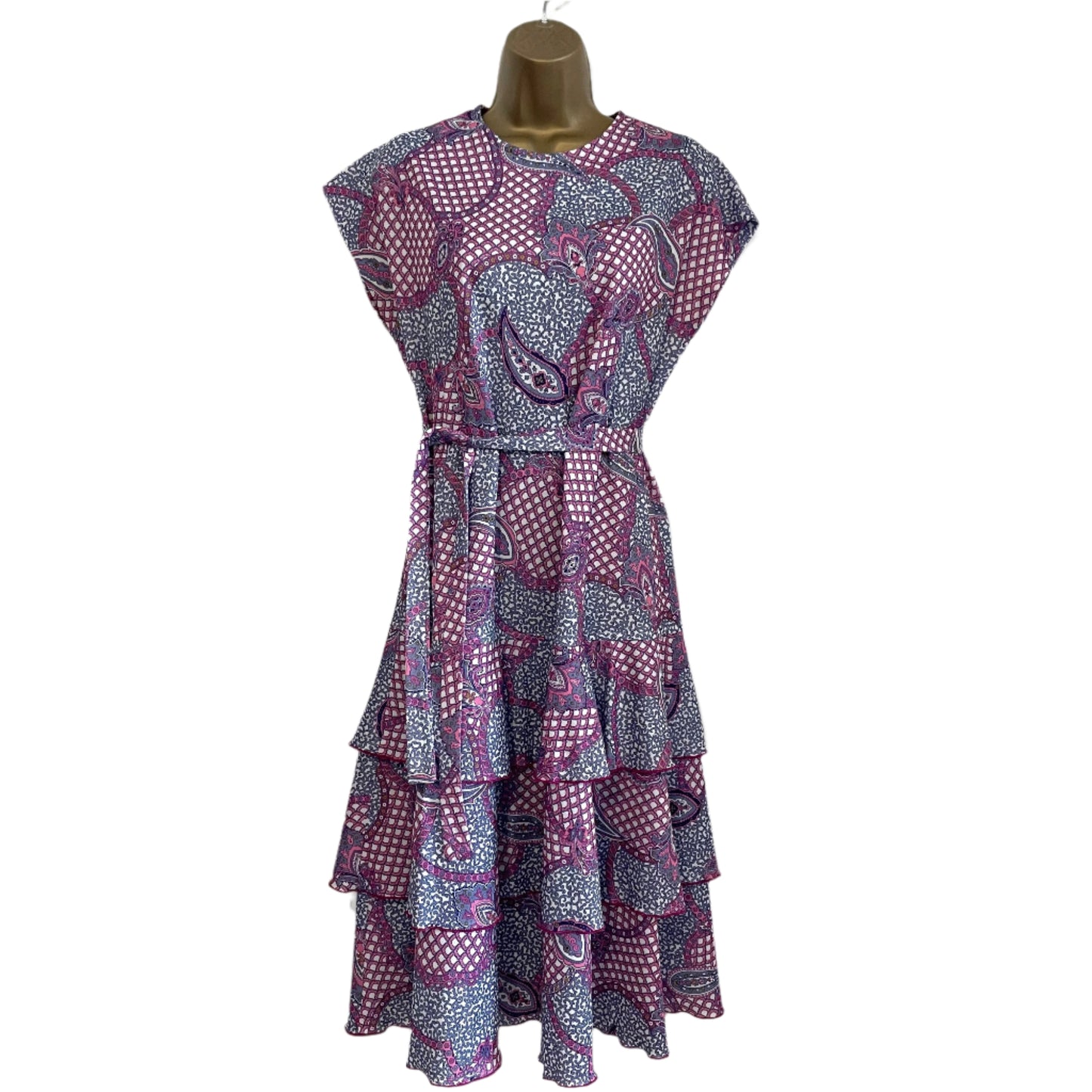 Vintage Floral Paisley Tie Waist Ruffle Dress in Blue, Pink and Purple