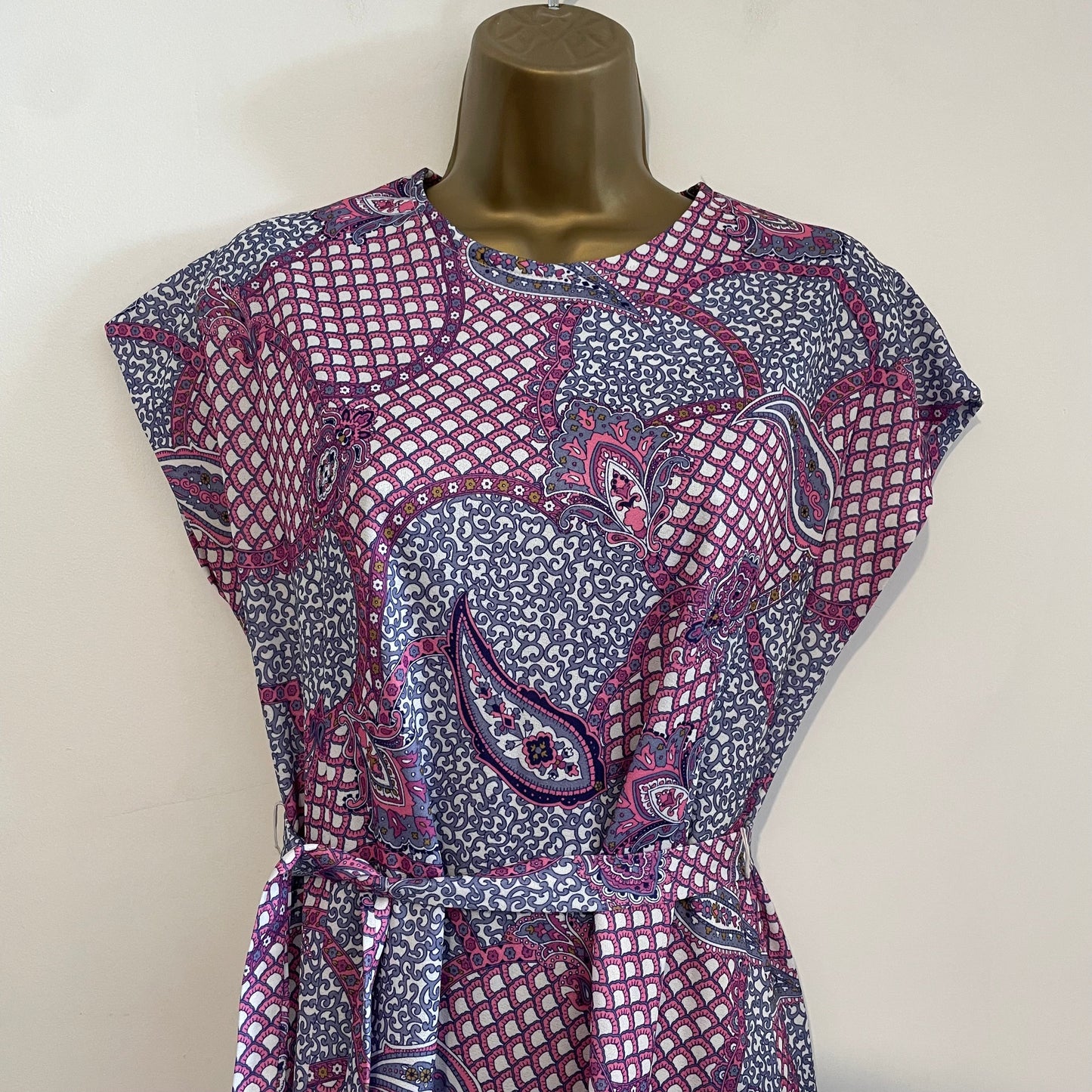 Vintage Floral Paisley Tie Waist Ruffle Dress in Blue, Pink and Purple