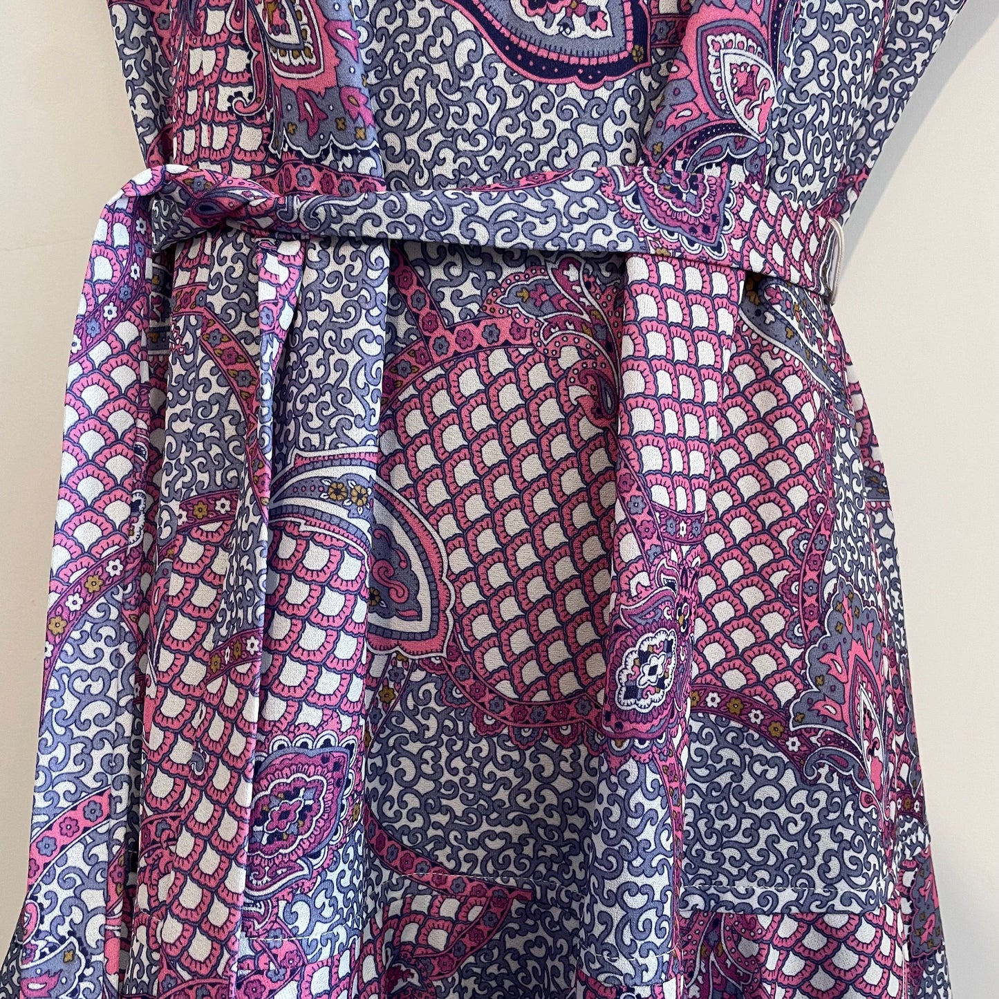 Vintage Floral Paisley Tie Waist Ruffle Dress in Blue, Pink and Purple