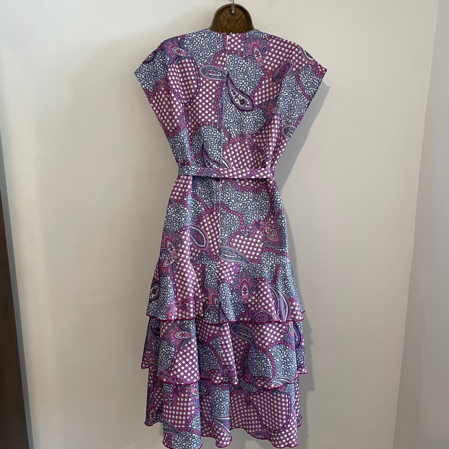 Vintage Floral Paisley Tie Waist Ruffle Dress in Blue, Pink and Purple
