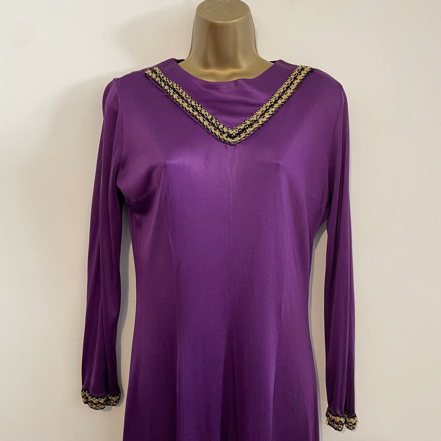 Vintage Purple Stretch 70s Jumpsuit with Gold Trim and Flared Sleeves