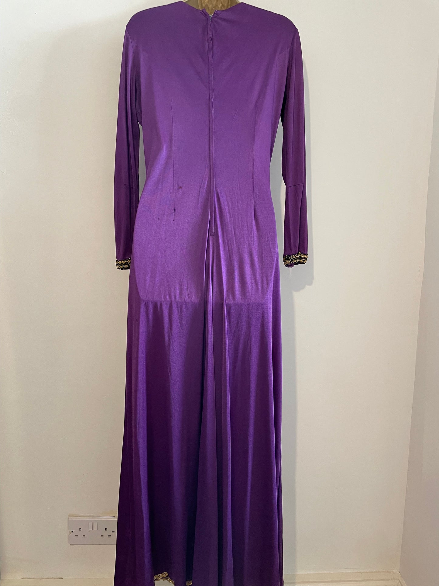 Vintage Purple Stretch 70s Jumpsuit with Gold Trim and Flared Sleeves