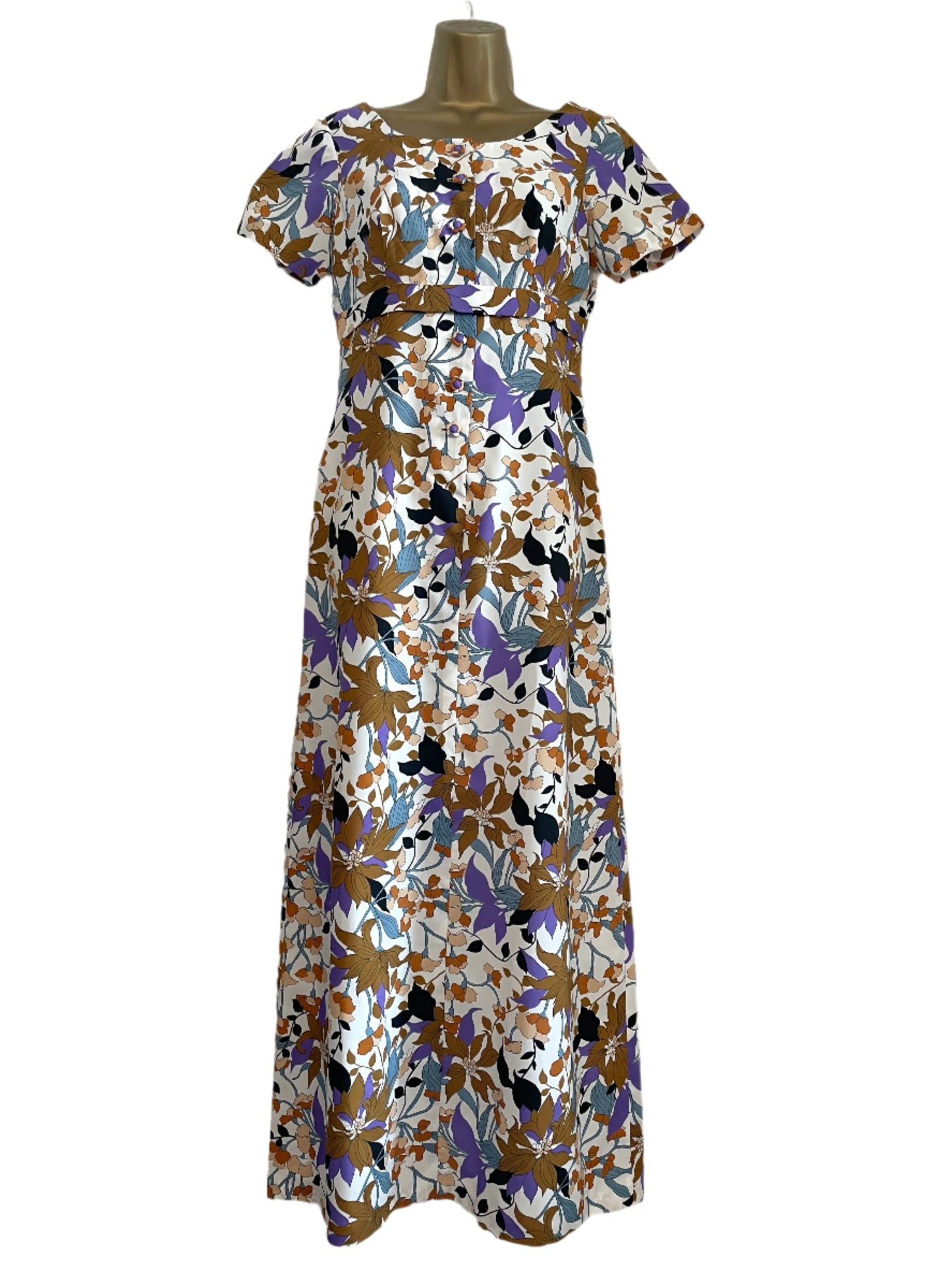 Dress Vintage Handmade 70s White, Purple and Brown Short Sleeve Floral Pattern Maxi Dress