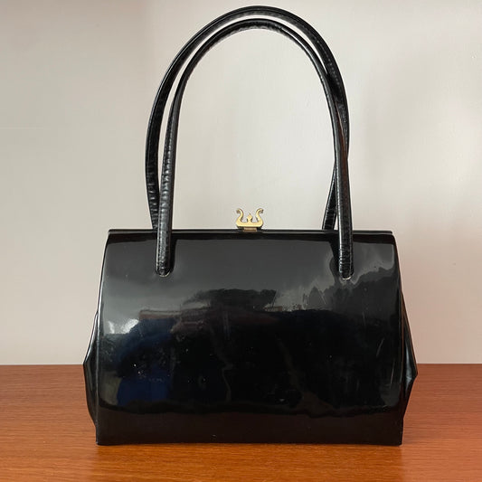 Trident Clasp Black Kelly Top Handle Handbag Vintage Charm
