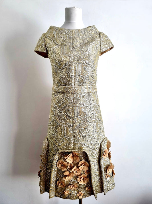 Vintage Angel Sanchez Venezuelan Gold Statement Silk Dress with Floral Detailing and Cap Sleeves