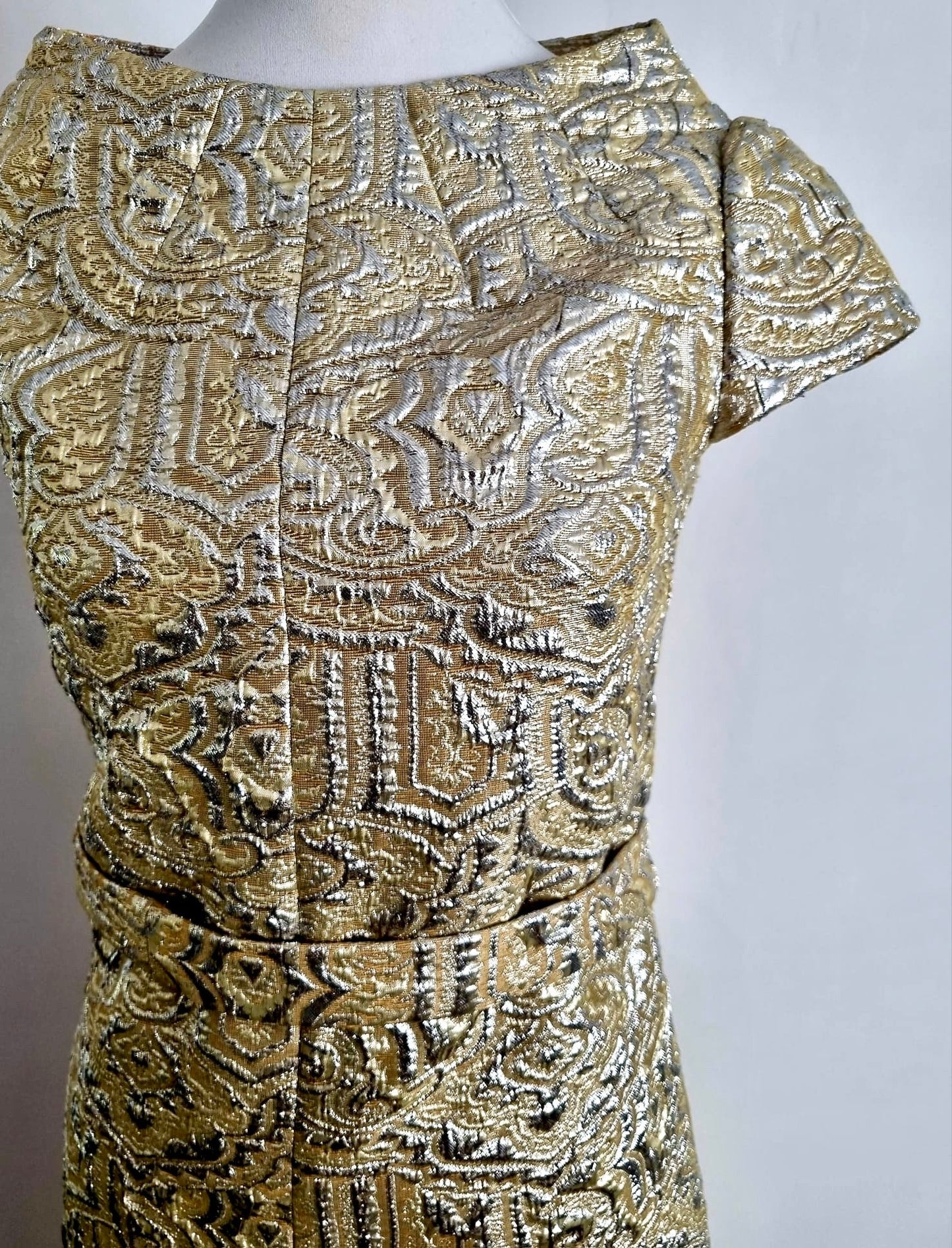 Vintage Angel Sanchez Venezuelan Gold Statement Silk Dress with Floral Detailing and Cap Sleeves