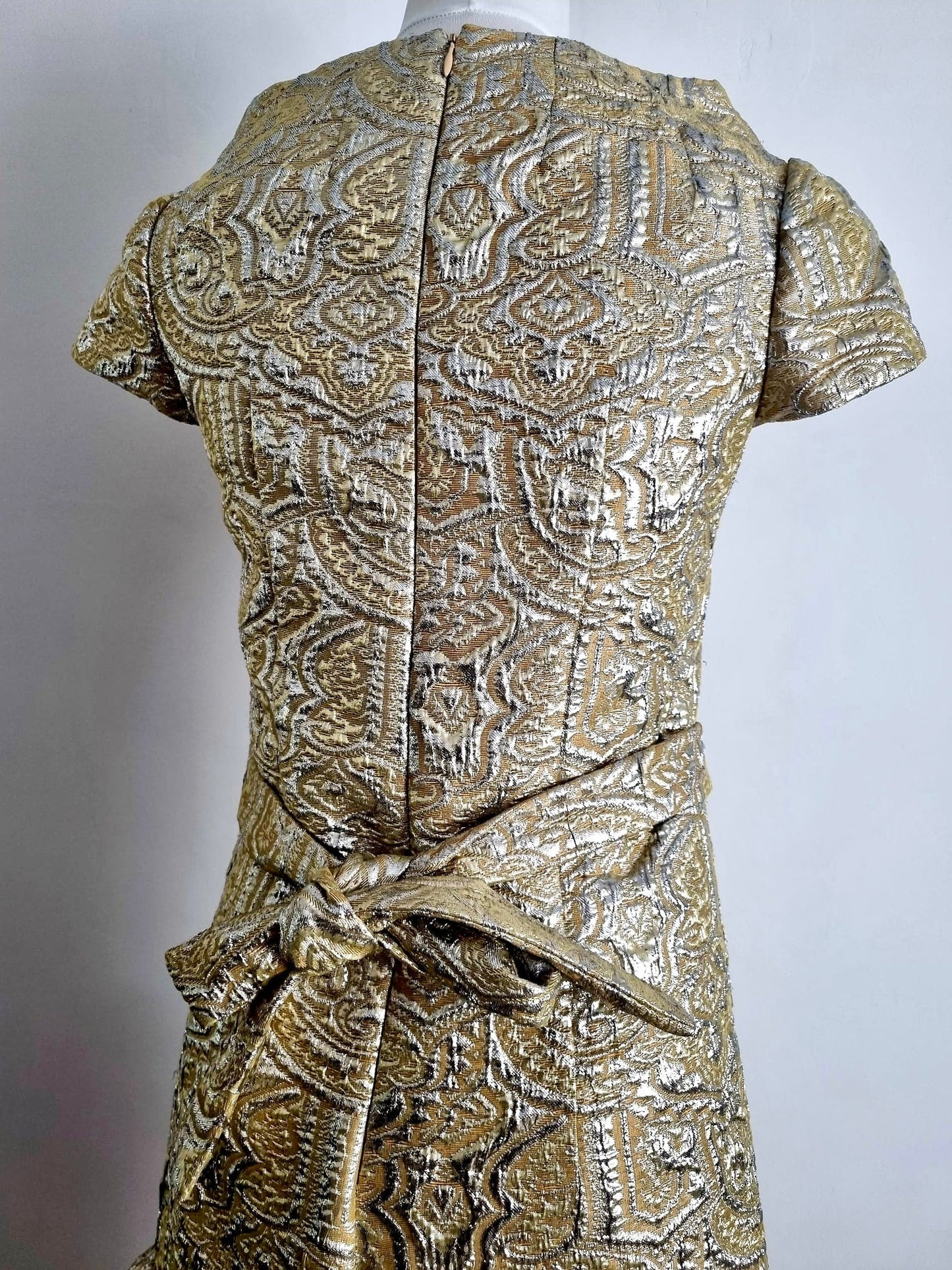 Vintage Angel Sanchez Venezuelan Gold Statement Silk Dress with Floral Detailing and Cap Sleeves