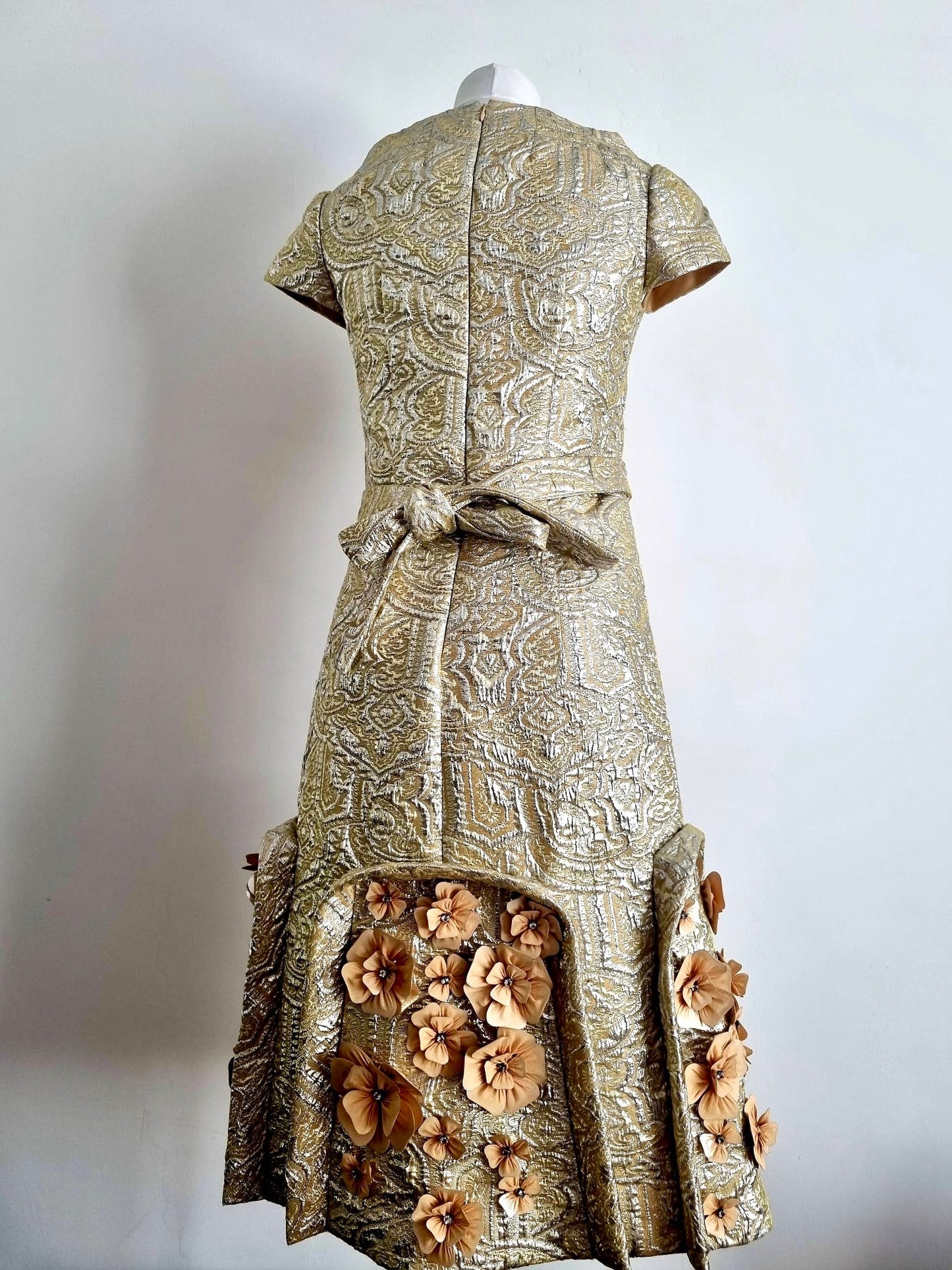 Vintage Angel Sanchez Venezuelan Gold Statement Silk Dress with Floral Detailing and Cap Sleeves