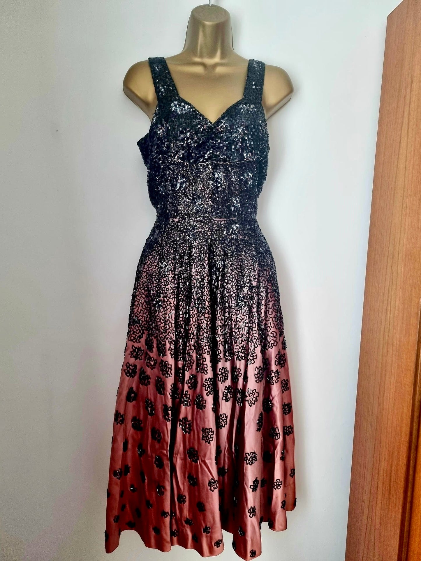 Vintage Hand Made Pink and Black Hand Beaded Boned Evening Dress Ball Gown