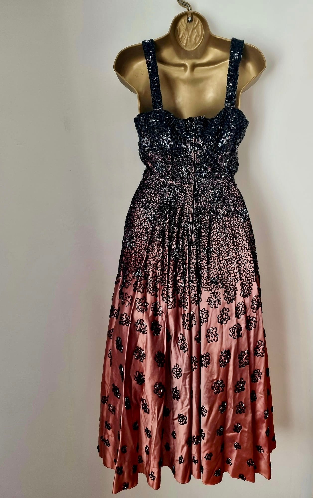 Vintage Hand Made Pink and Black Hand Beaded Boned Evening Dress Ball Gown