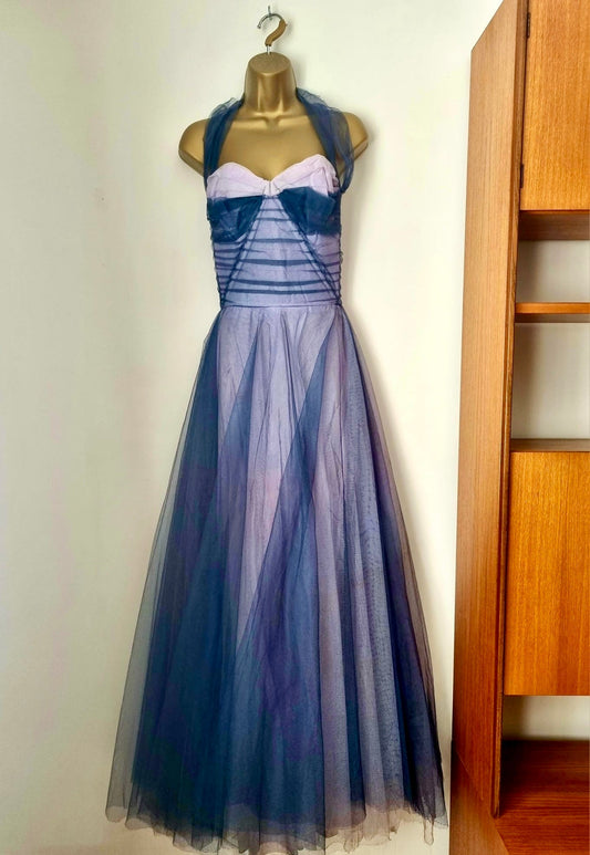 Vintage Handmade 40s Lilac and Blue Tulle Net Halterneck Ball Gown Evening Dress