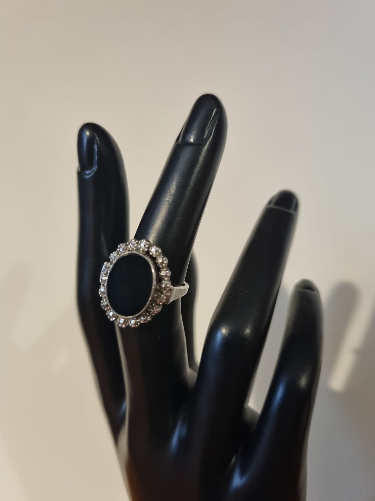 Antique Vintage Black onyx and marcasite silver large statement cocktail ring, flat gem in raised setting, stamped 'silver'