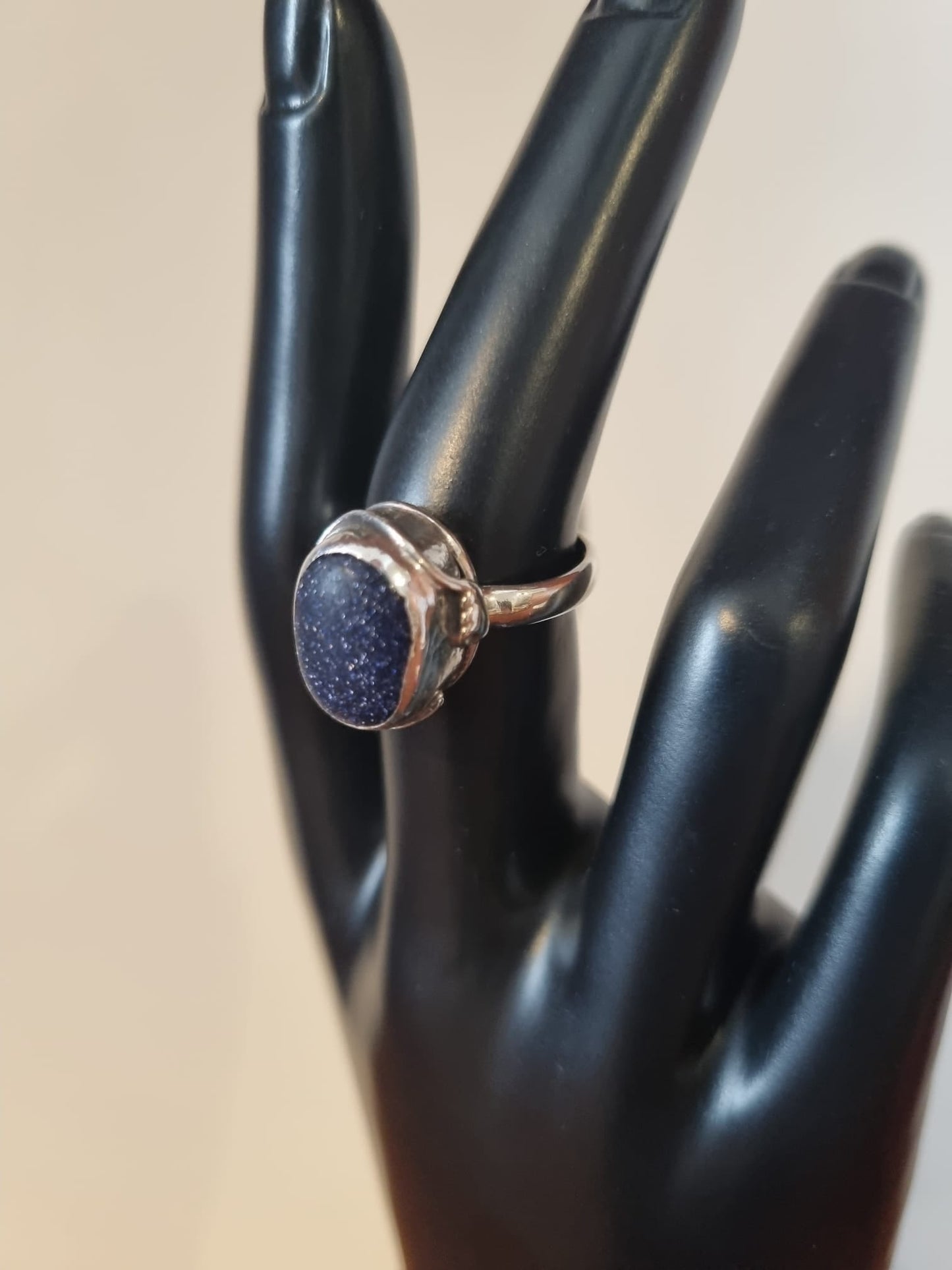 Antique Vintage Bluestone and sterling silver ring, large oval cabochon sparkly cocktail ring, stamped 925