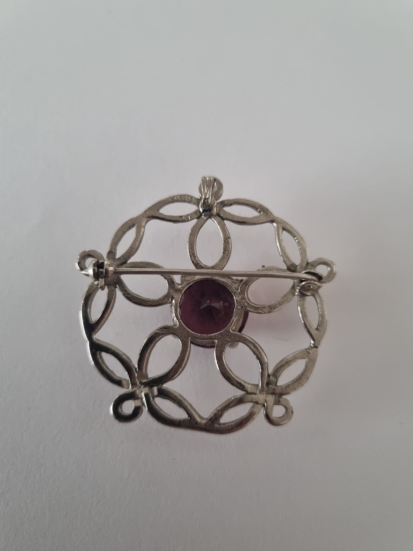 Antique Vintage Celtic brooch, amethyst round cut, signed Jem 74, brooch pin and pendant. Scottish silvertone metal