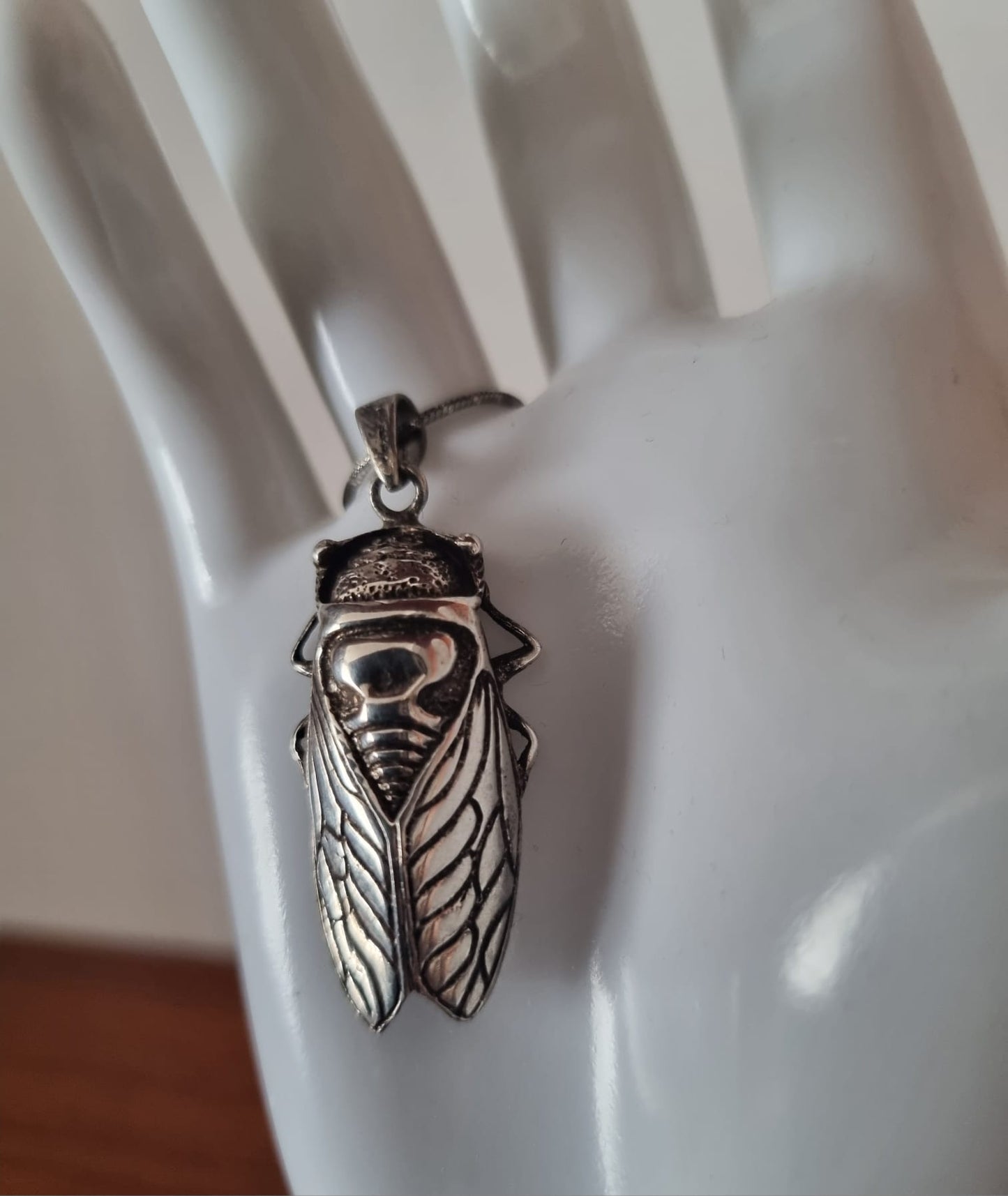 Antique Vintage Sterling silver Cicada charm moth pendant necklace, 925 stamped rope chain.