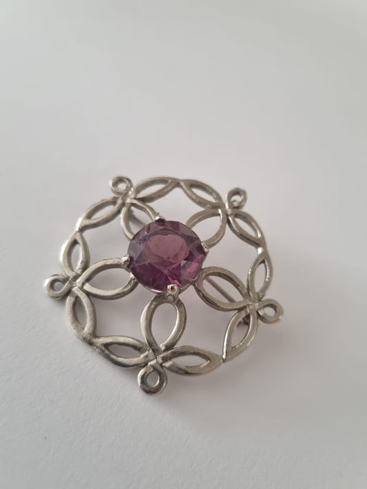 Antique Vintage Celtic brooch, amethyst round cut, signed Jem 74, brooch pin and pendant. Scottish silvertone metal