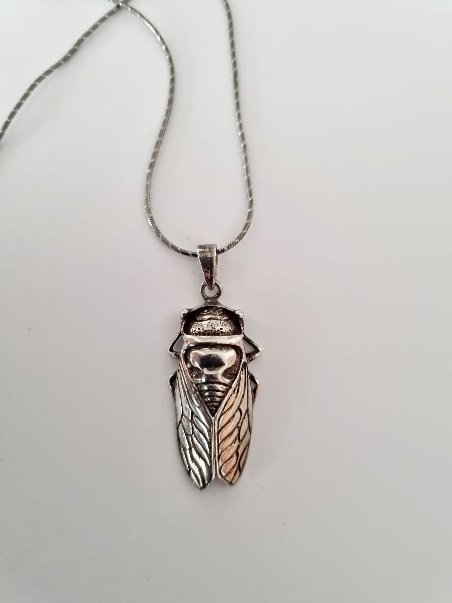 Antique Vintage Sterling silver Cicada charm moth pendant necklace, 925 stamped rope chain.