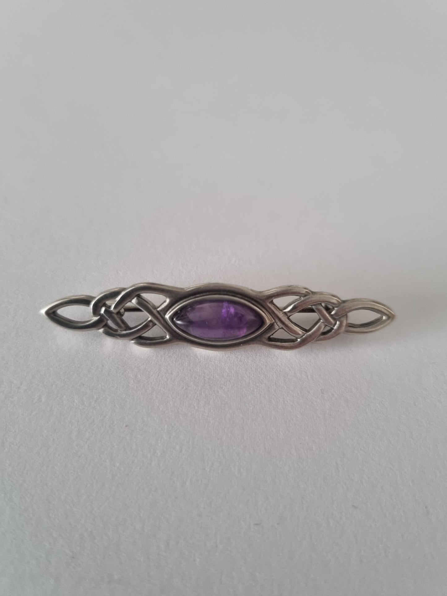 Antique Vintage Scottish Celtic sterling silver, platinum and amethyst brooch, stamped 925 and PT knot style, full UK hallmark