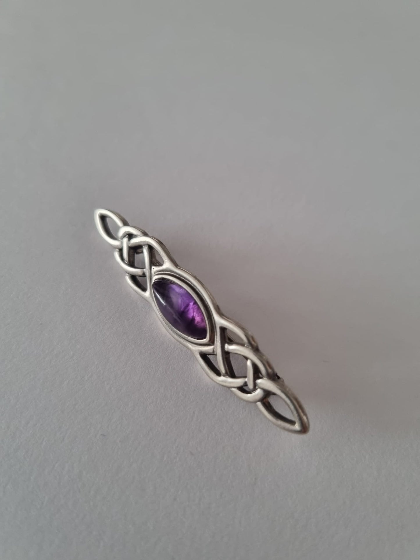 Antique Vintage Scottish Celtic sterling silver, platinum and amethyst brooch, stamped 925 and PT knot style, full UK hallmark