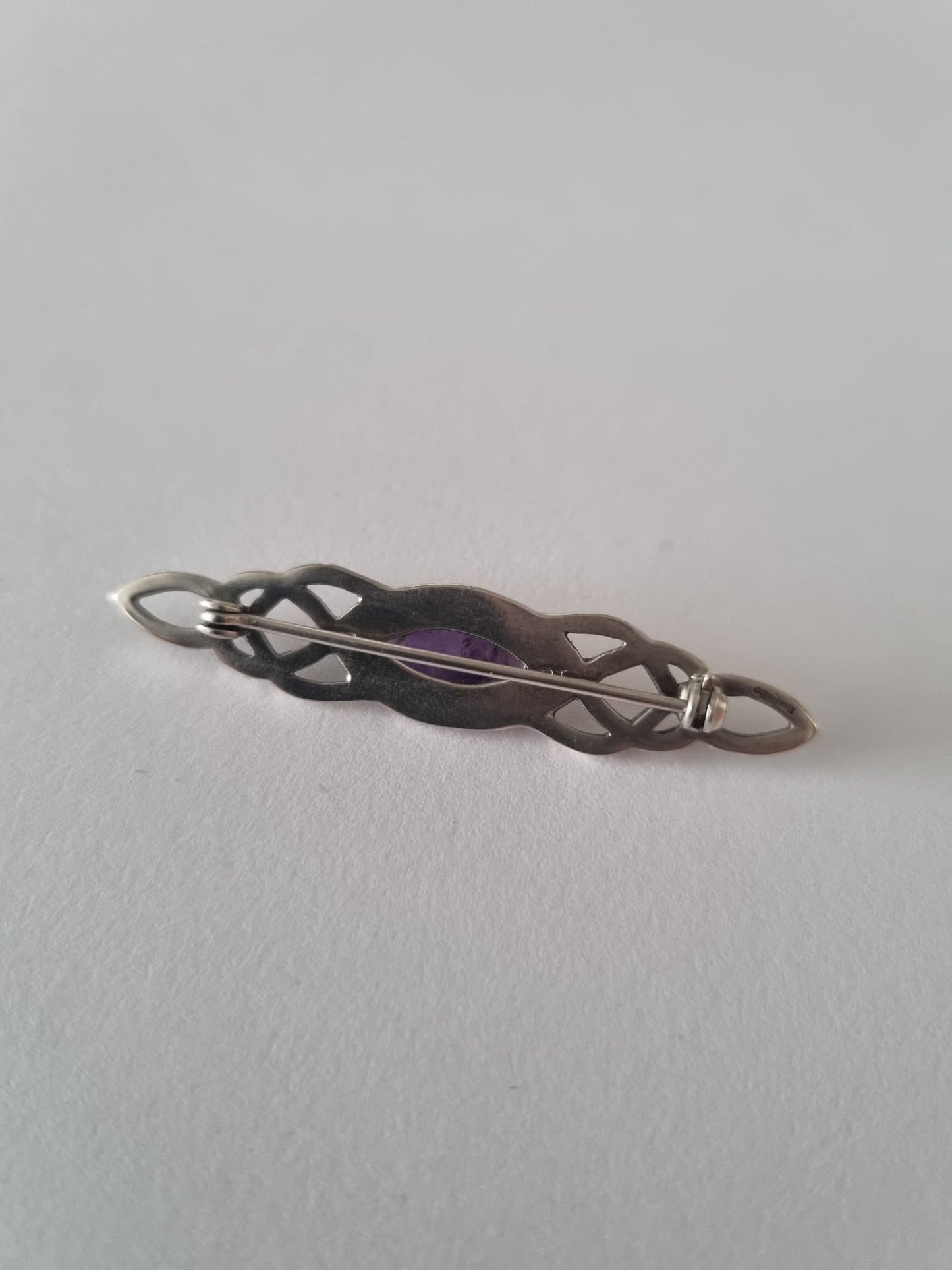 Antique Vintage Scottish Celtic sterling silver, platinum and amethyst brooch, stamped 925 and PT knot style, full UK hallmark