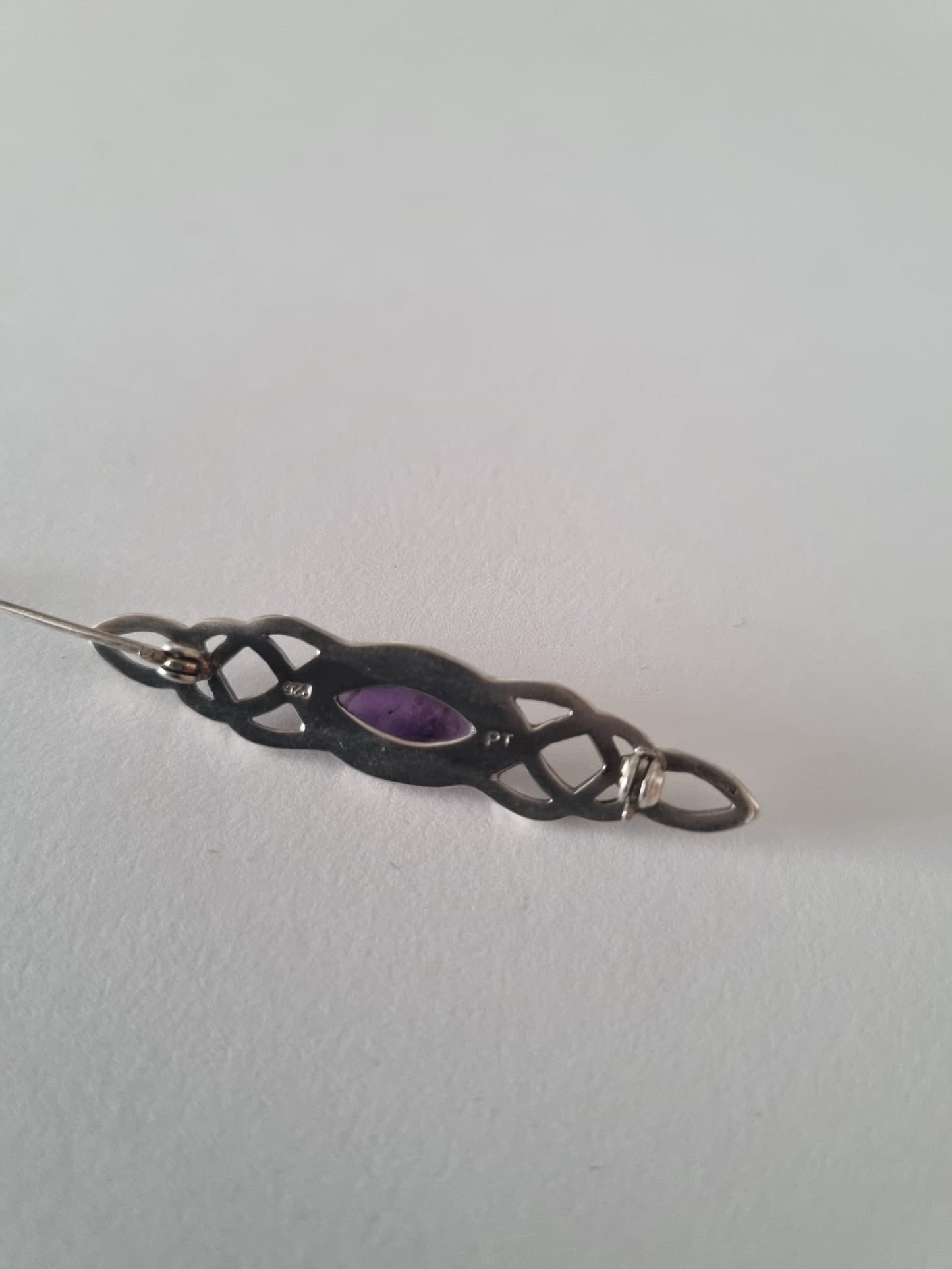 Antique Vintage Scottish Celtic sterling silver, platinum and amethyst brooch, stamped 925 and PT knot style, full UK hallmark