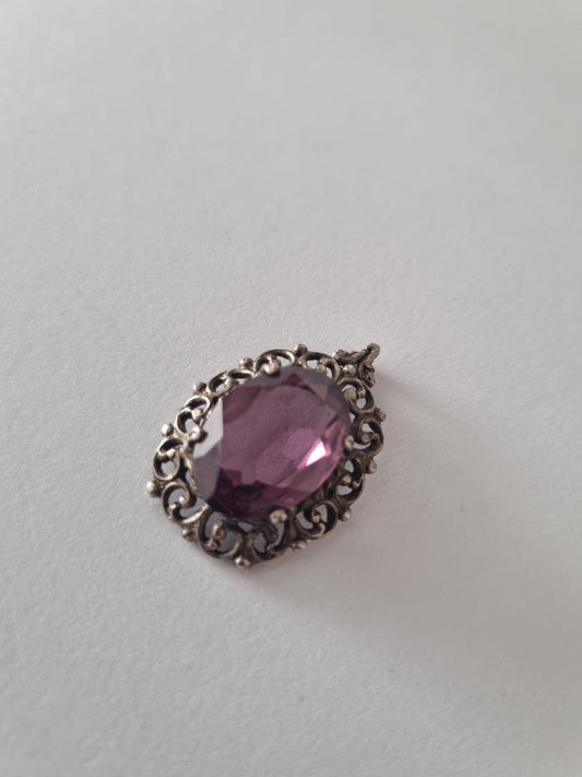 Antique Vintage Large amethyst + silver pendant, stamped SILV, exquisite detail