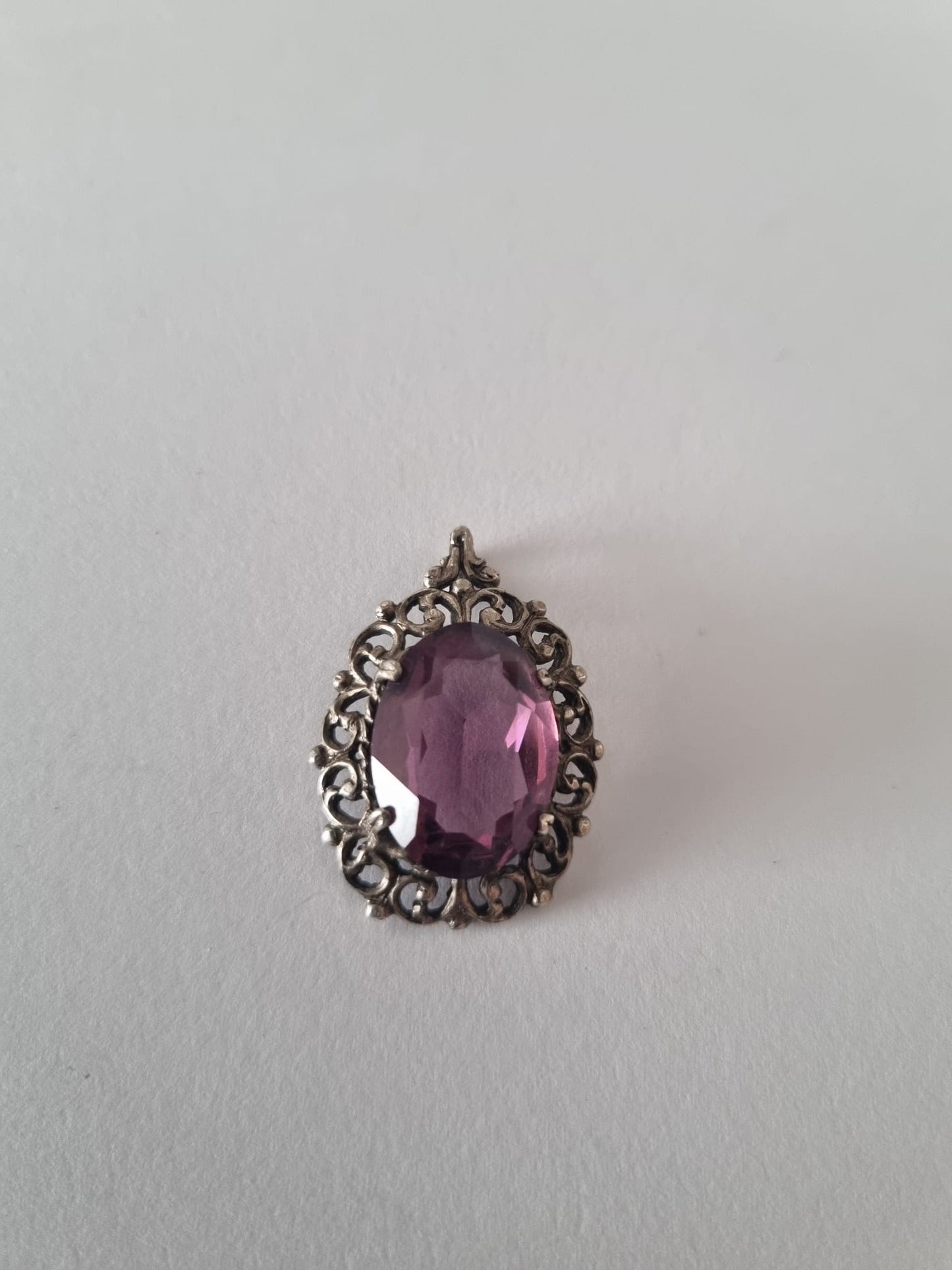 Antique Vintage Large amethyst + silver pendant, stamped SILV, exquisite detail