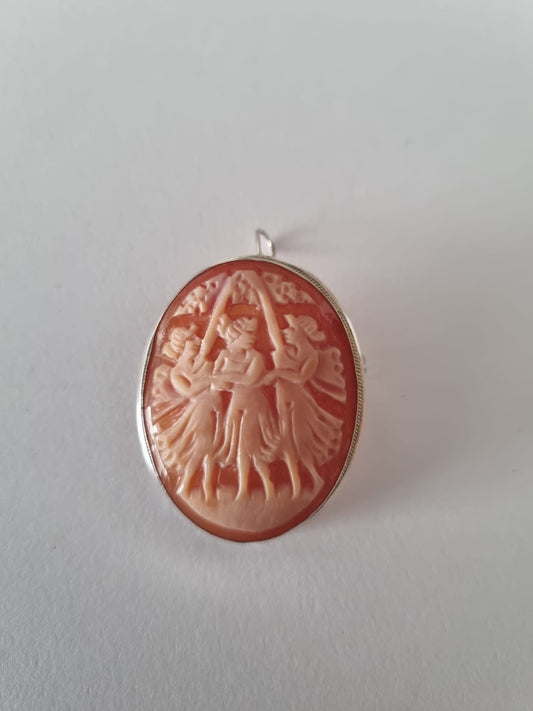 Antique Vintage Three Graces hand-carved cameo, convertible pendant and brooch, stamped but worn, c.1930s 40s