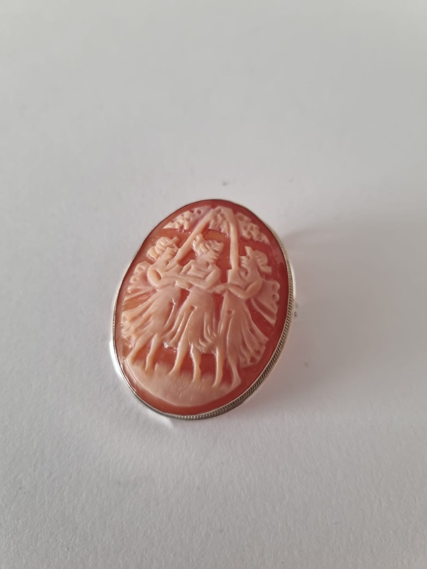 Antique Vintage Three Graces hand-carved cameo, convertible pendant and brooch, stamped but worn, c.1930s 40s