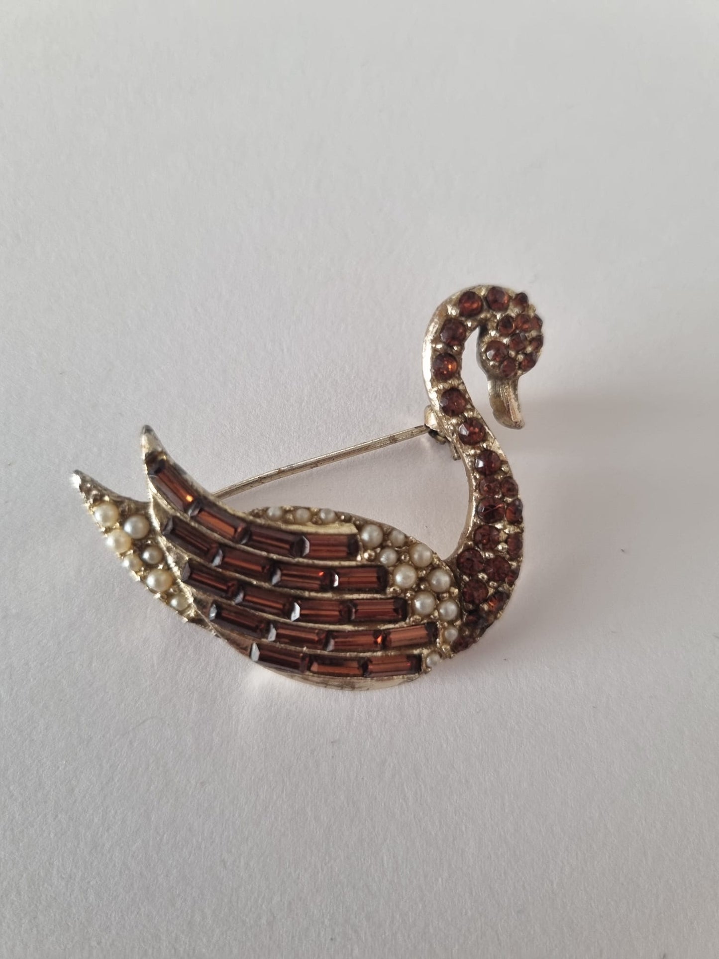 Vintage Orange and Paste Diamante Swan Bird Brooch