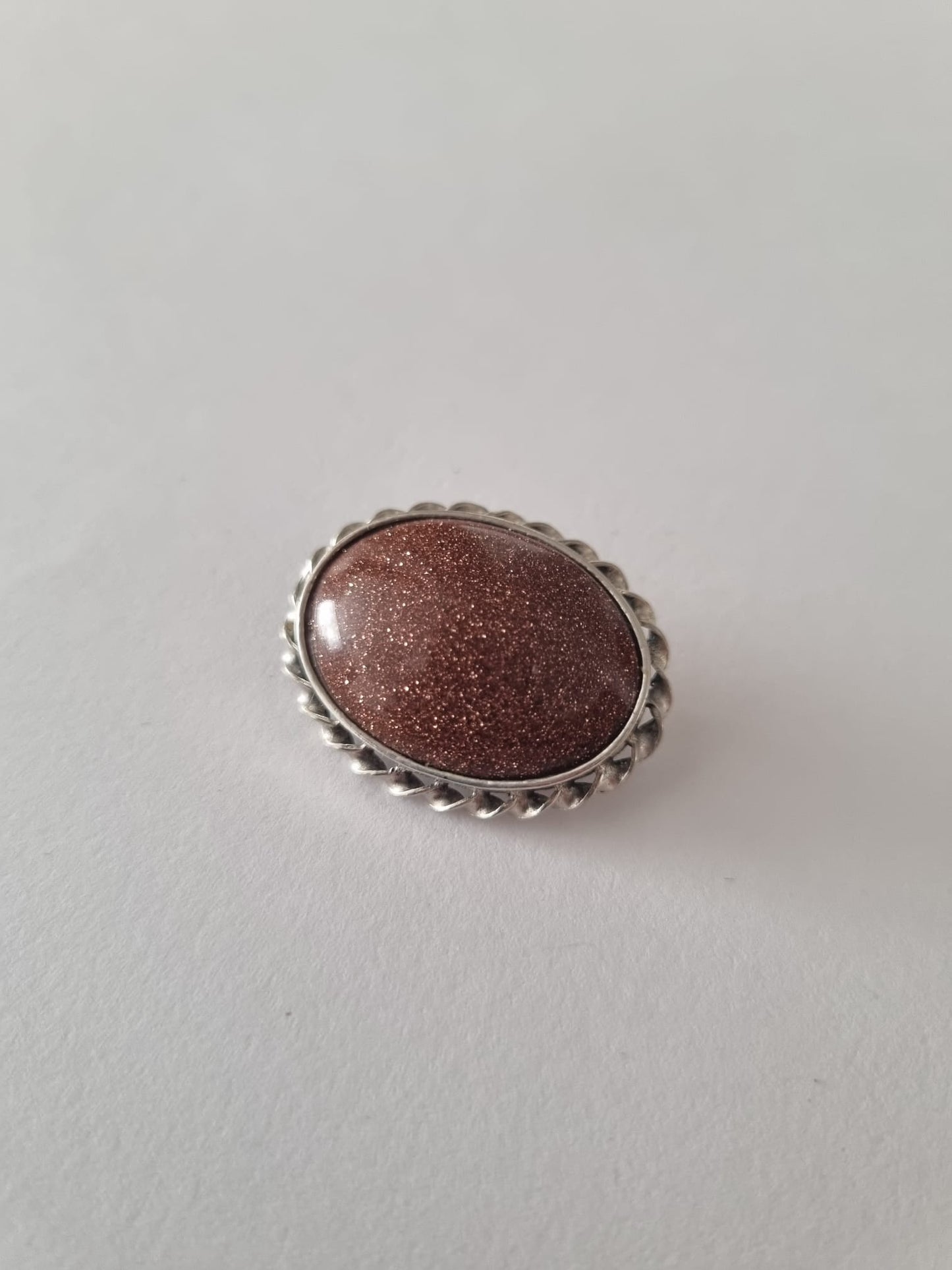 Vintage Goldstone Silver 1950s Brooch. Oval and Rope Outer Setting. Stamped Silver.