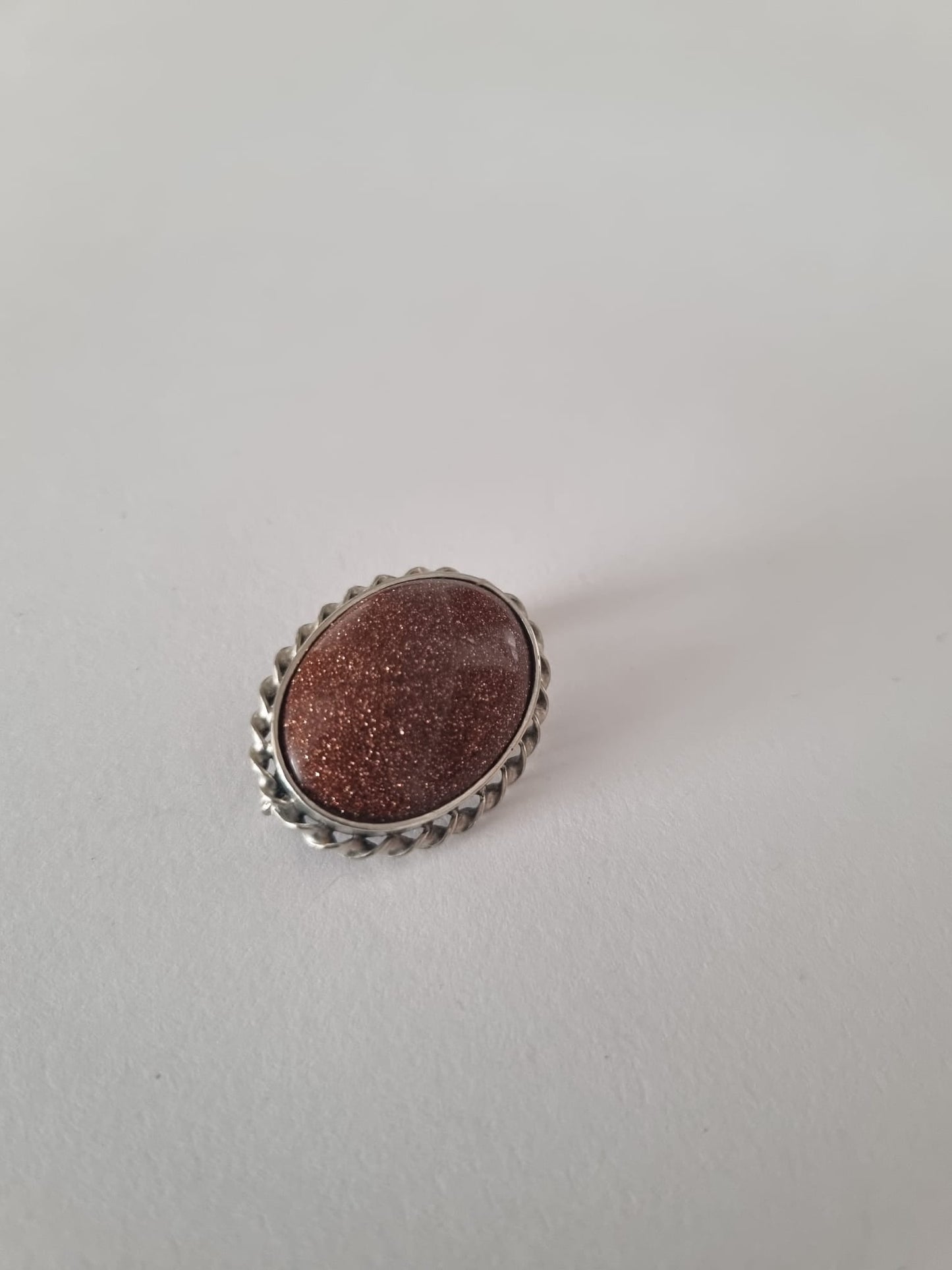 Vintage Goldstone Silver 1950s Brooch. Oval and Rope Outer Setting. Stamped Silver.