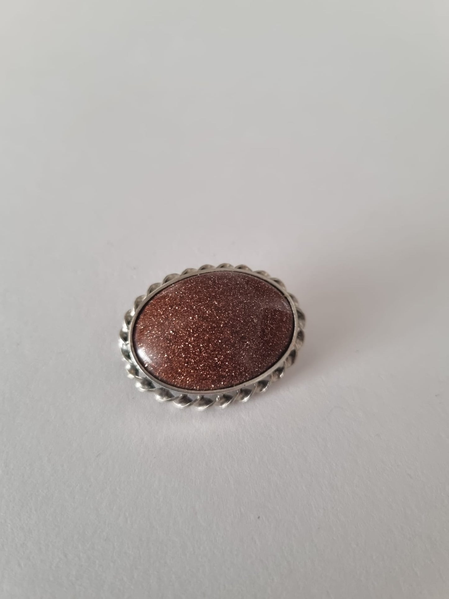 Vintage Goldstone Silver 1950s Brooch. Oval and Rope Outer Setting. Stamped Silver.