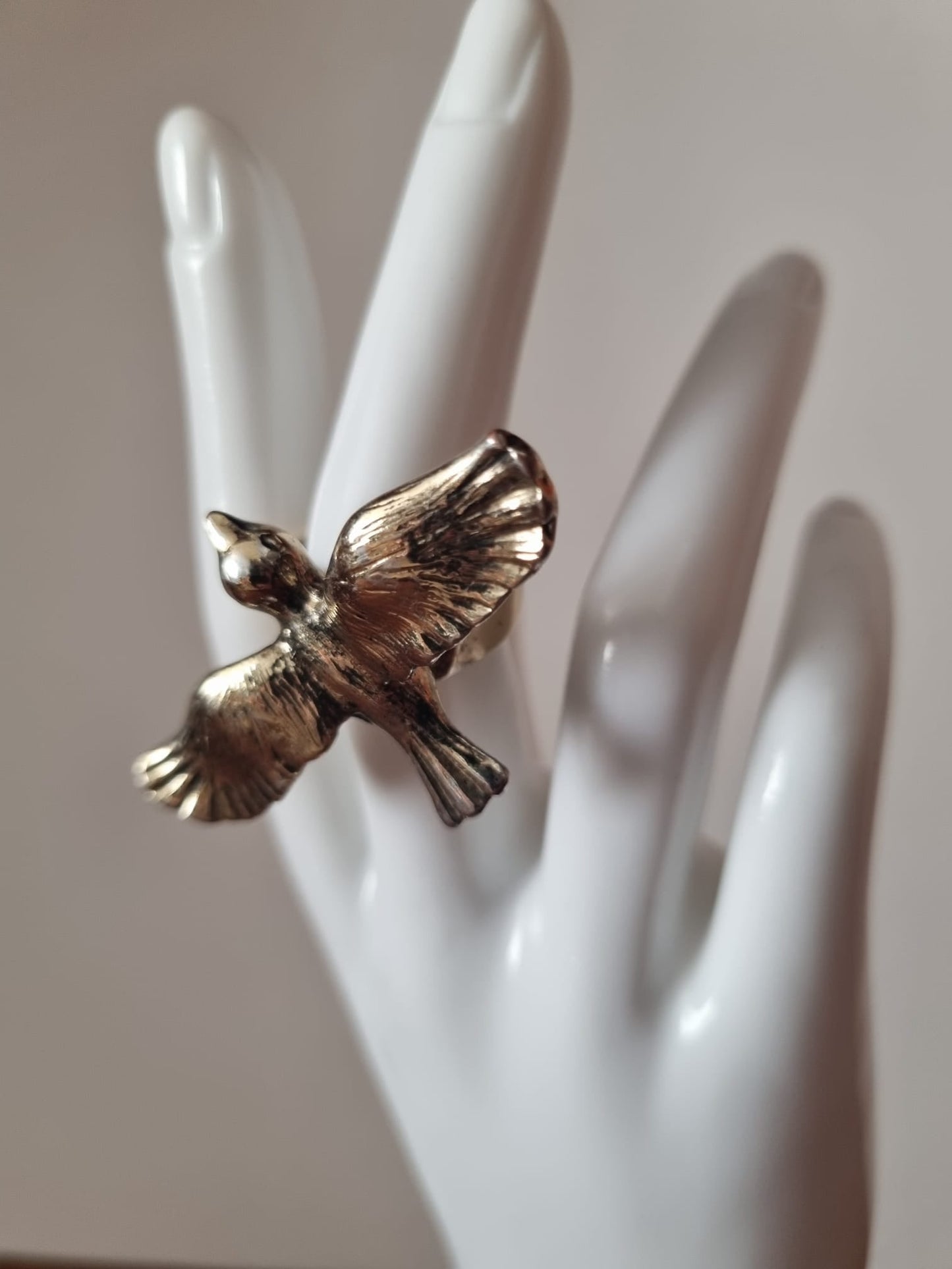 Antique Vintage Cuckoo Bird Costume Silver Tone Ring. XL size