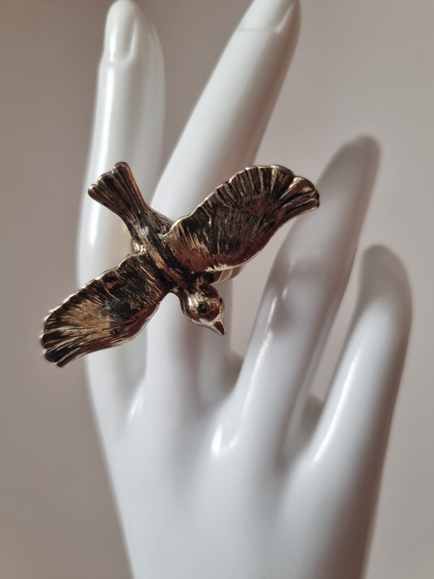 Antique Vintage Cuckoo Bird Costume Silver Tone Ring. XL size