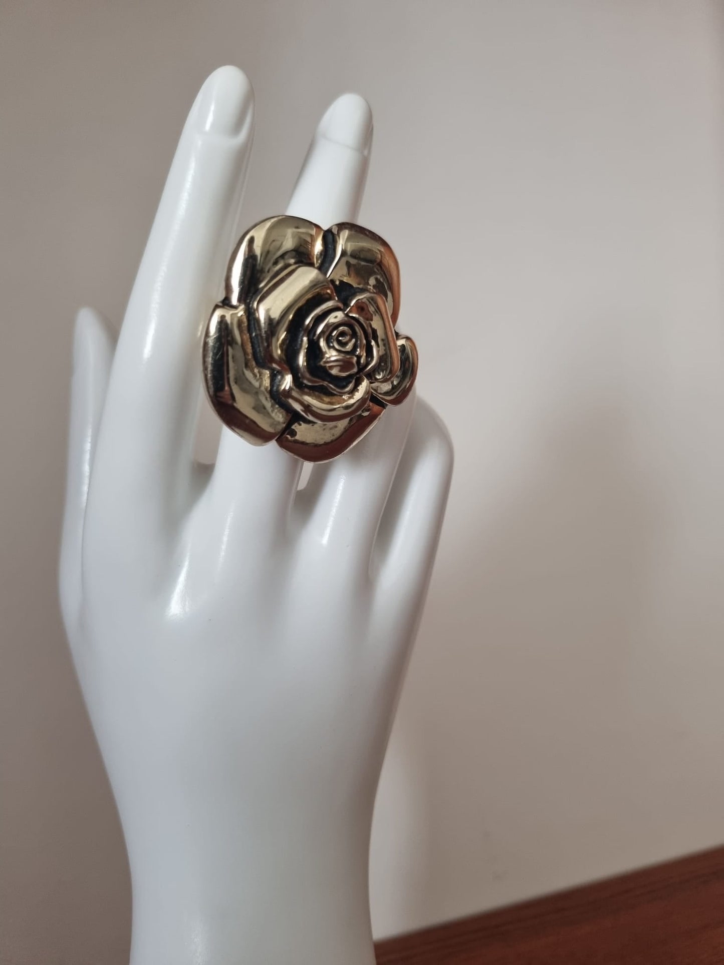 Antique Vintage Blooming Rose large silver tone metal costume ring