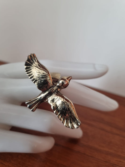 Antique Vintage Cuckoo Bird Costume Silver Tone Ring. XL size