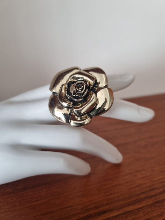 Antique Vintage Blooming Rose large silver tone metal costume ring