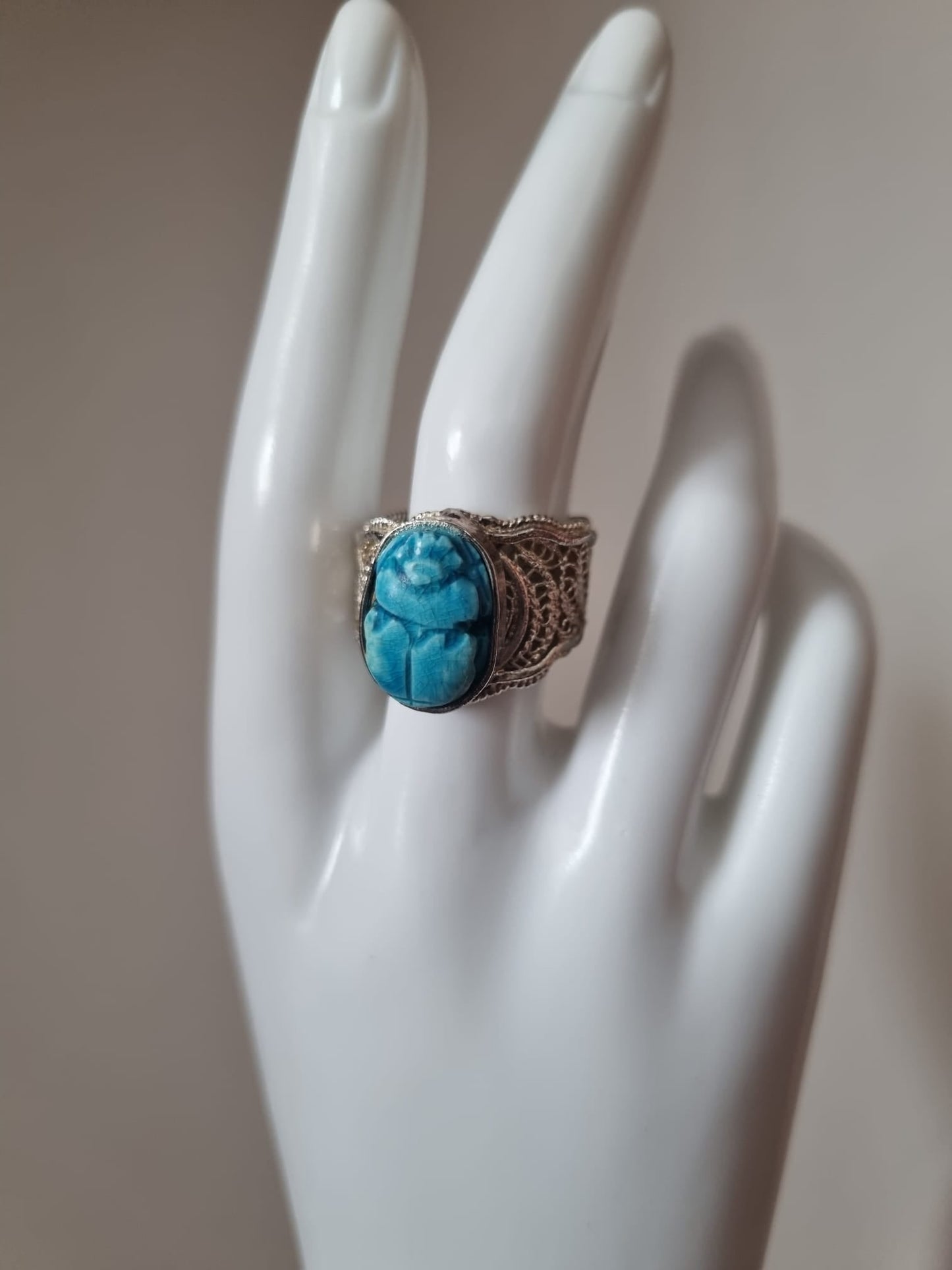 Antique Vintage Egyptian revival 1960's scarab blue filigree ring, Scarab Beetle set in sterling silver. Large, Adjustable