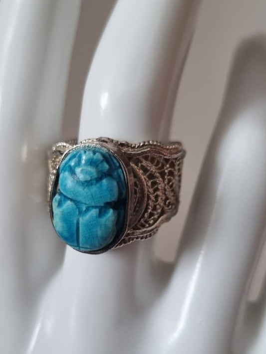 Antique Vintage Egyptian revival 1960's scarab blue filigree ring, Scarab Beetle set in sterling silver. Large, Adjustable