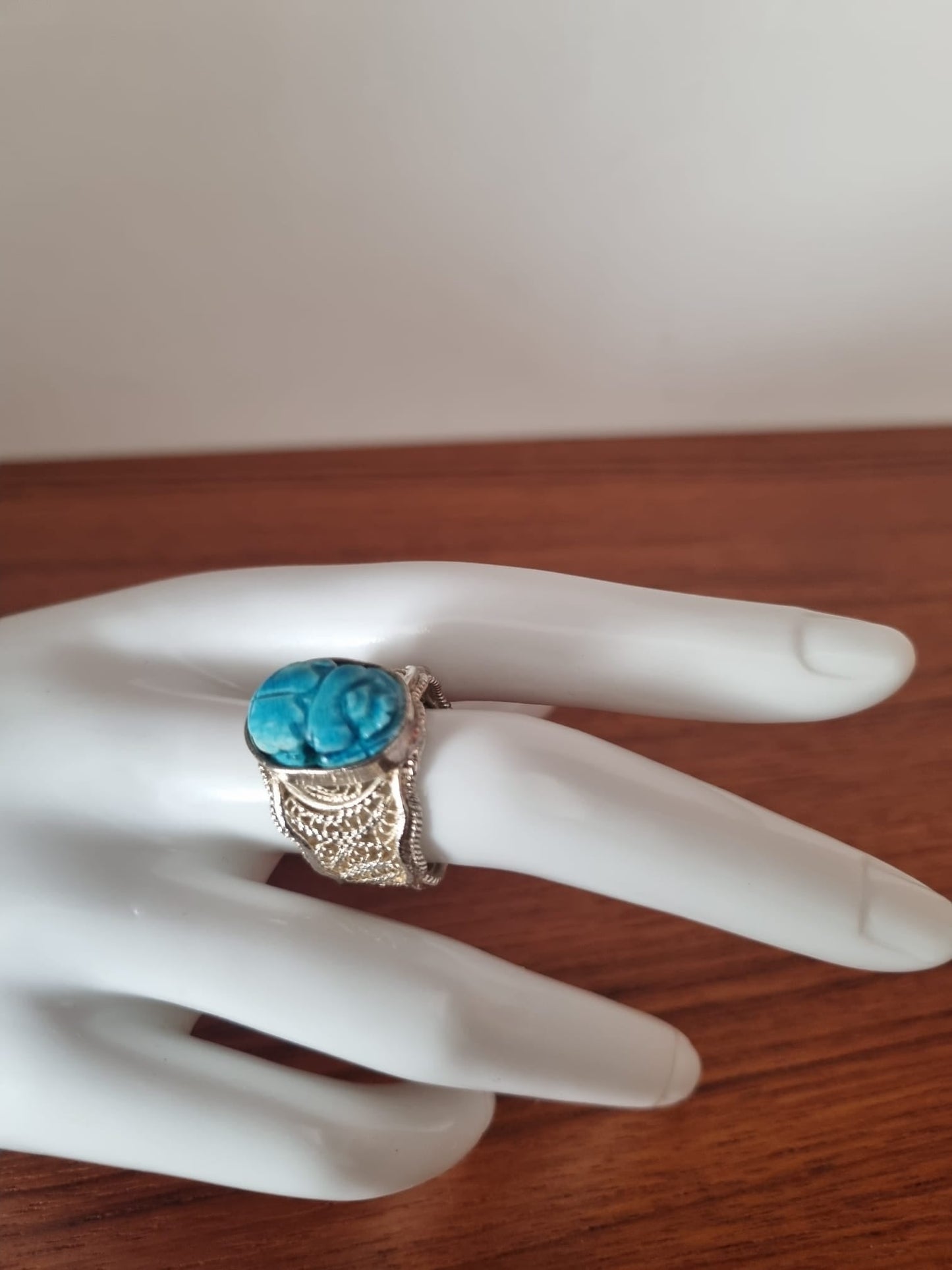 Antique Vintage Egyptian revival 1960's scarab blue filigree ring, Scarab Beetle set in sterling silver. Large, Adjustable