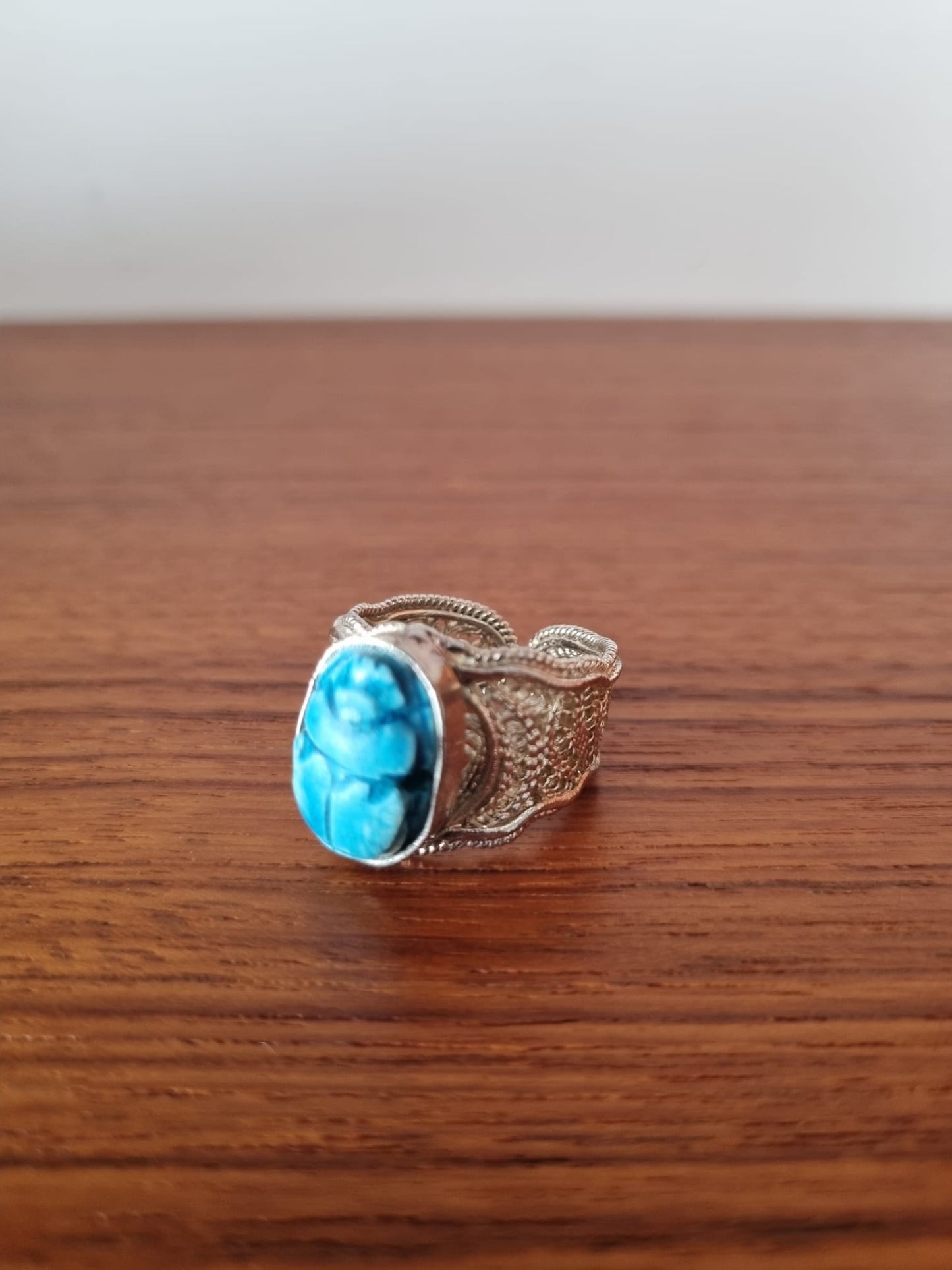 Antique Vintage Egyptian revival 1960's scarab blue filigree ring, Scarab Beetle set in sterling silver. Large, Adjustable